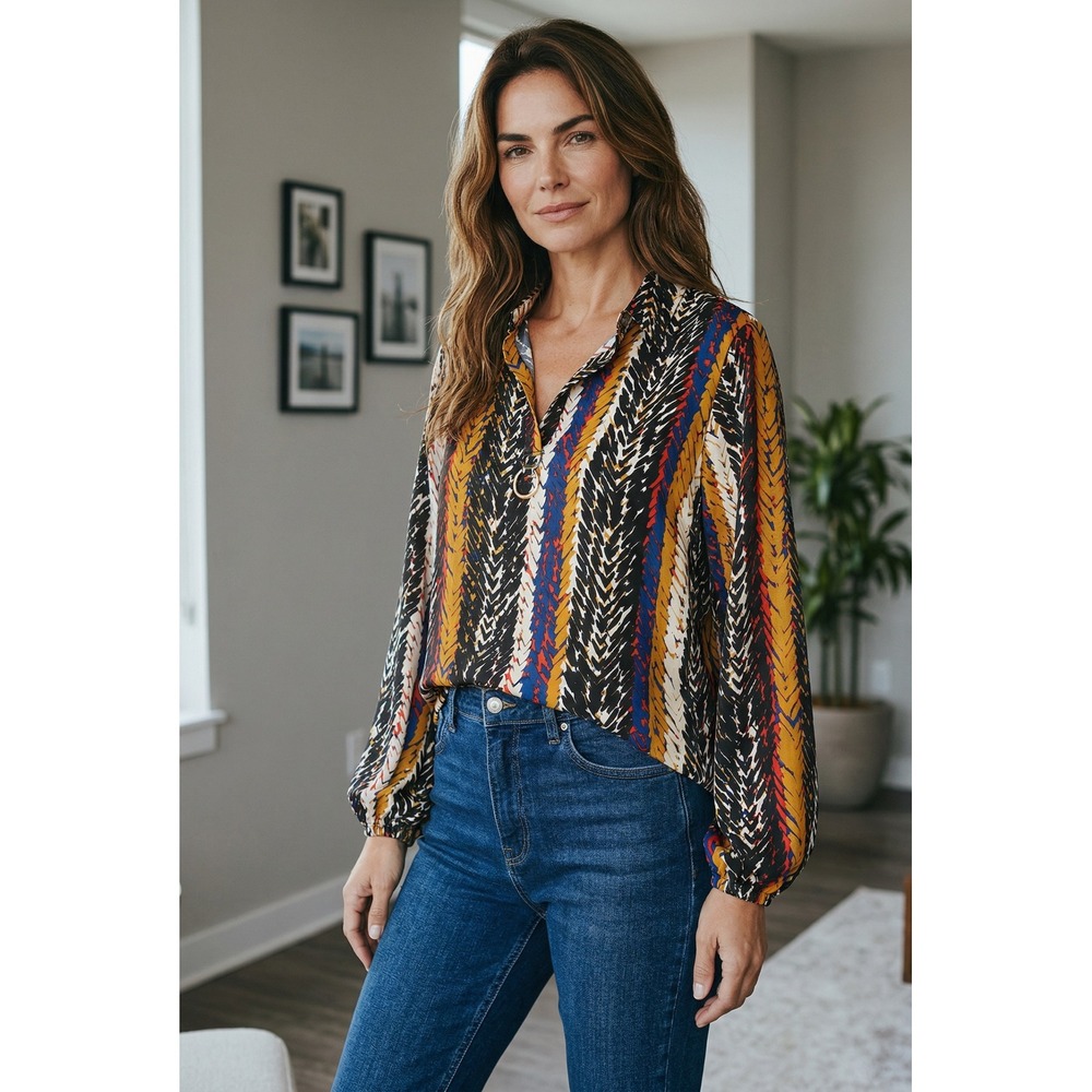 Marc New York Andrew Marc Womens 1X Multicolor Chevron Stripe Split Neck Blouse